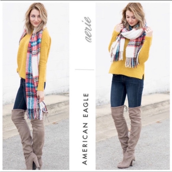 NWT AERIE | Plaid Blanket Scarf Large Fringe warm winter fall - Picture 4 of 11